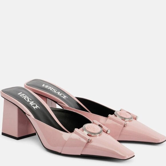 Versace Shoes - Versace Medusa Patent Leather Mules - English Rose Palladium